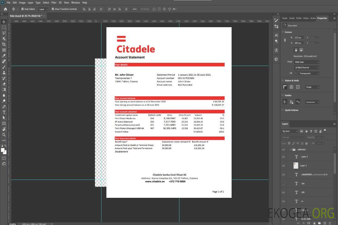 Modèle de relevé bancaire Estonie Citadele banka Eesti filiaal AS au format Excel et PDF template